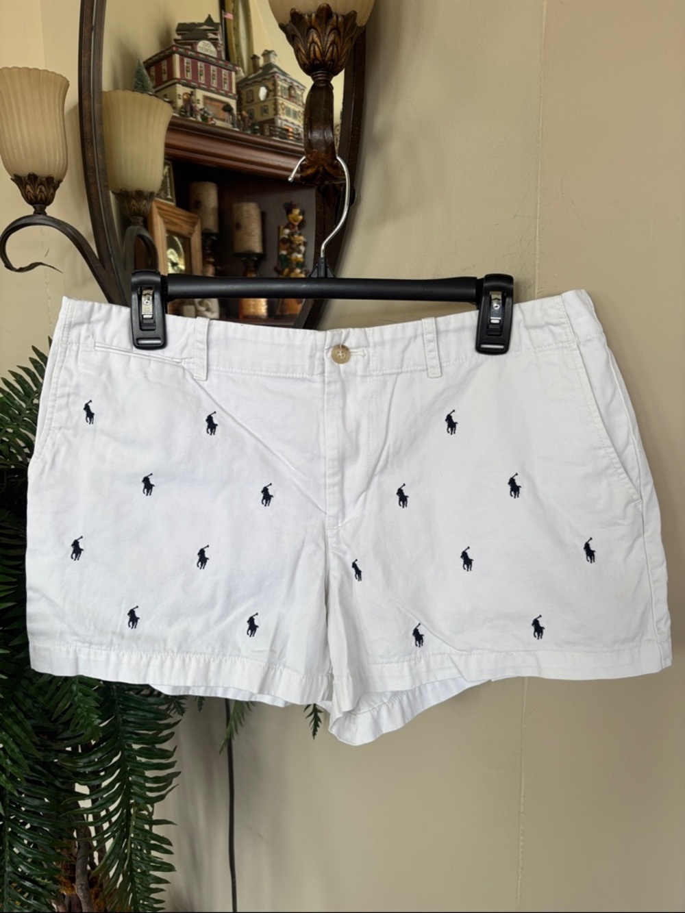 Polo Ralph Lauren White Allover Navy Blue Pony Embroidered Shorts Flat Front